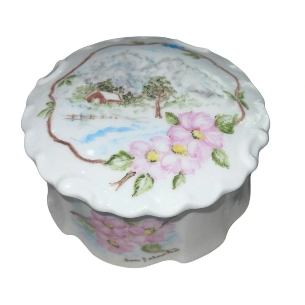VTG painted China Trinket jewelry Dish Lid flowers Cottage-core Granny Scotland